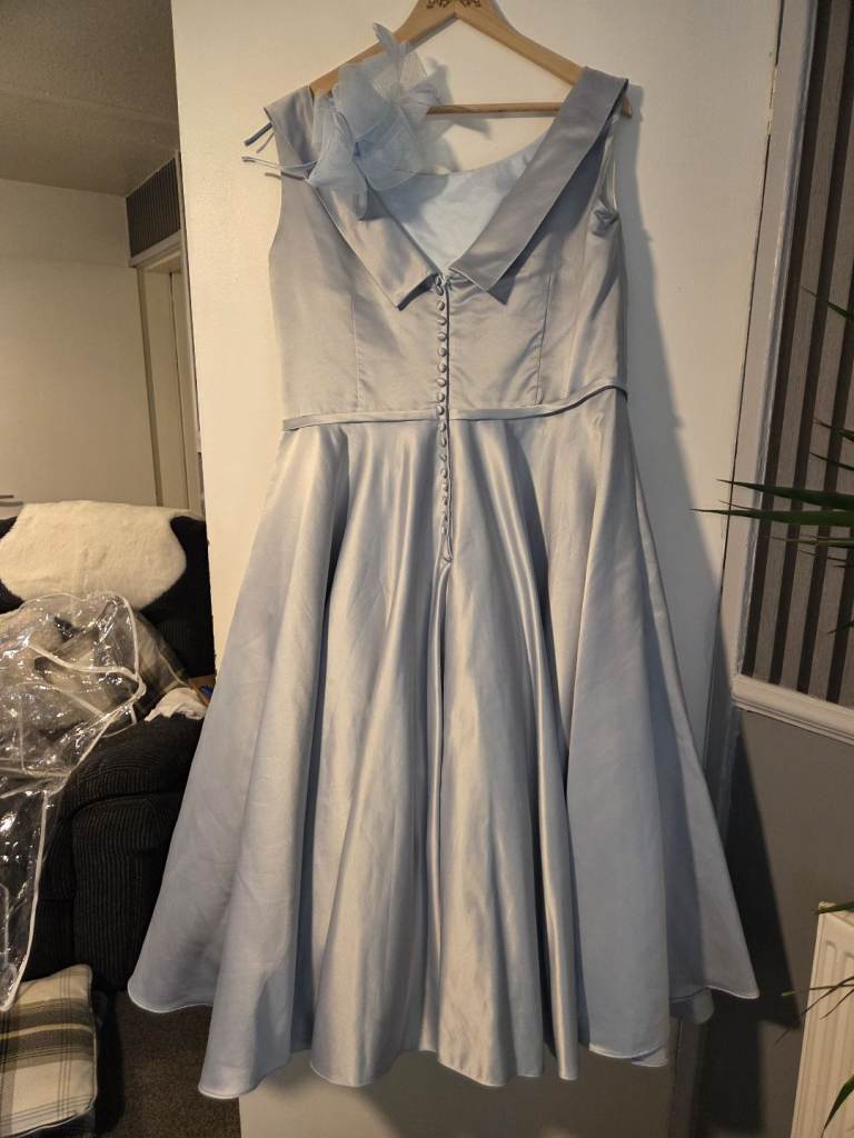 Beautiful baby Blue Satin Style Midi Dress 18 to 24 and closed in sandles size 4