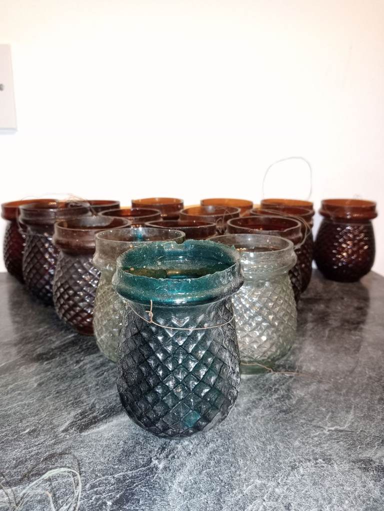 Victorian fairy light candle holders antique glass tea light amber clear teal  hobnail