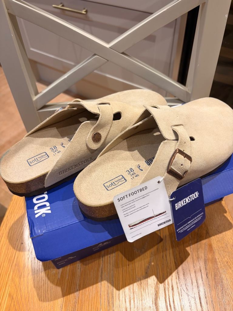 New Birkenstock Boston BS Clogs – Sand Suede, Size 38