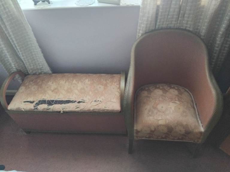 Vintage Upholstered Armchair and Storage Bench – Fair Condition