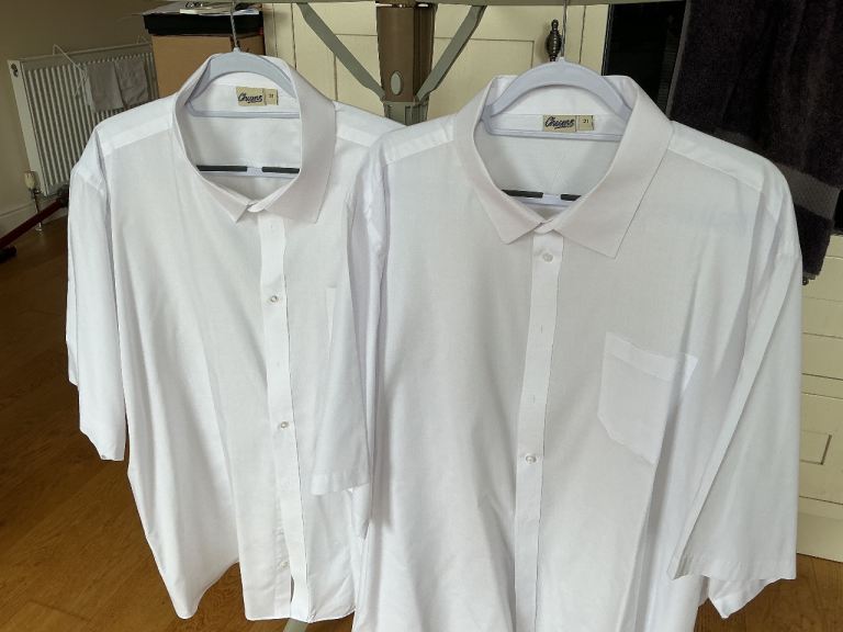 2 x Mens white formal short sleeve shirts collar size 21 inches