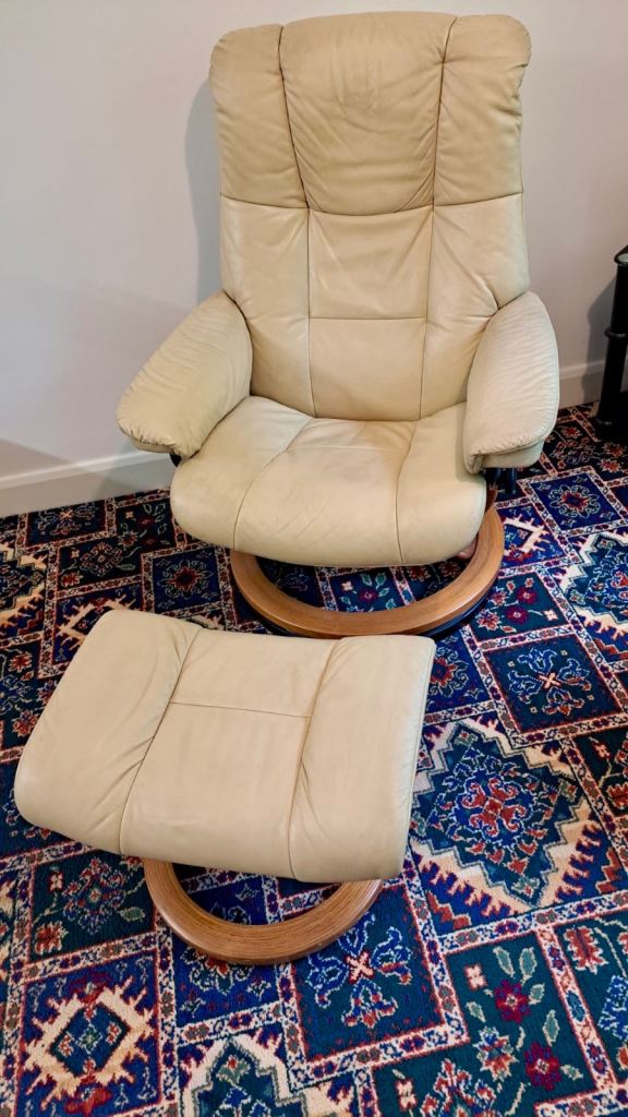 Sale PendingEkornes Cream Leather Swivel Recliner Chair with Footstool