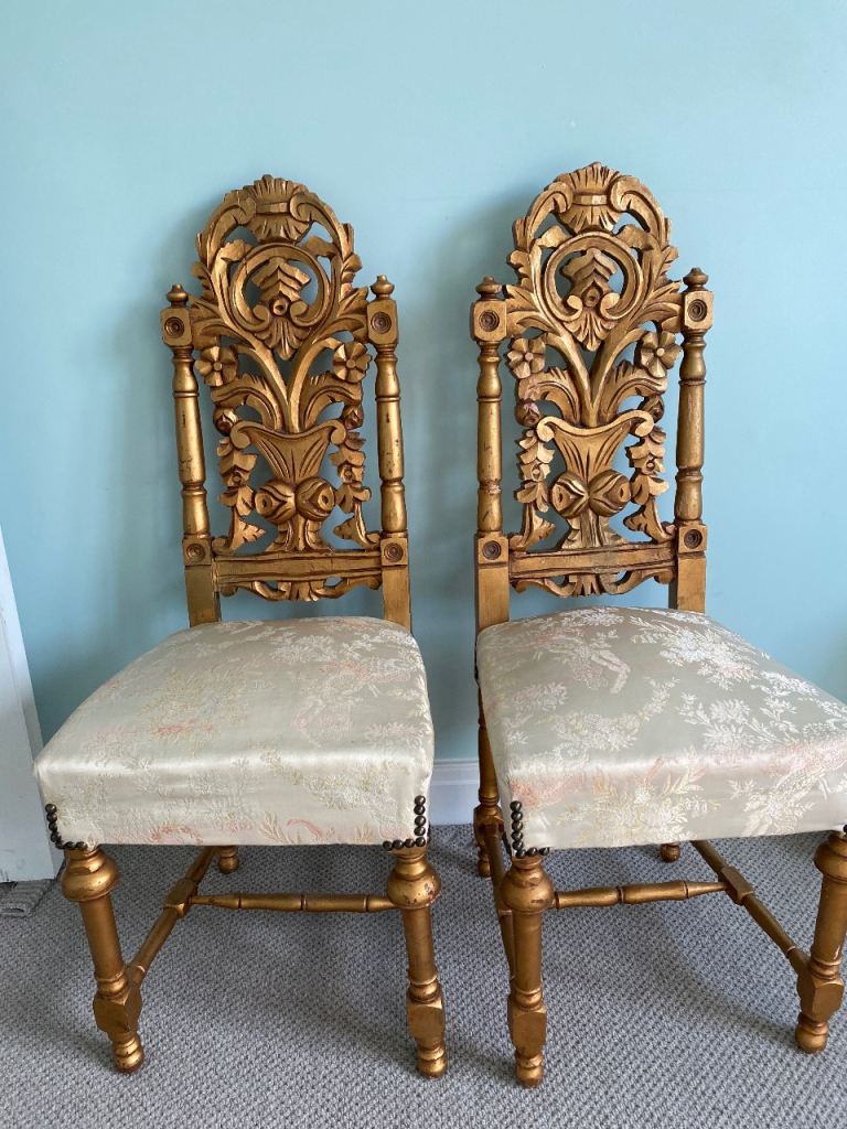 Vintage Italian Baroque Style Chairs – Gilt & Damask – Perfect for Henna/Mehndi Celebrations