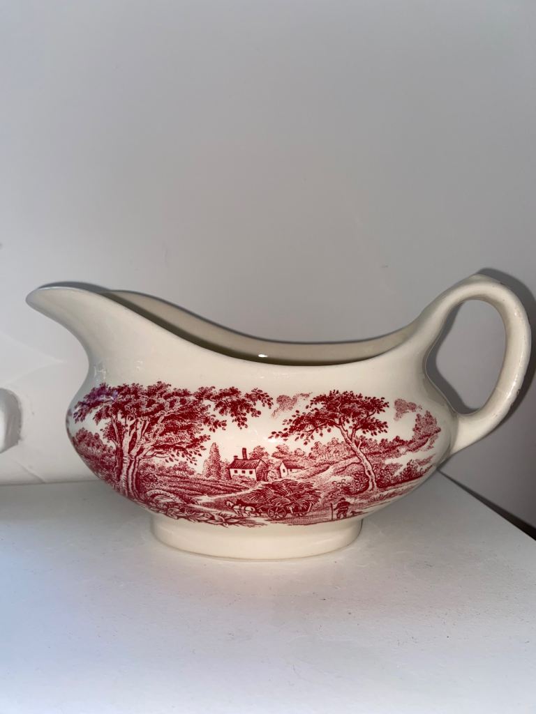 Staffordshire english ironstone pink patterned gravy boat vista scenery