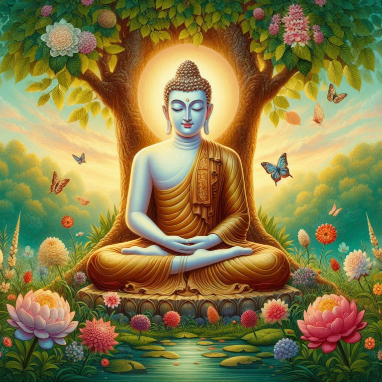 Beautiful Buddha Painting / textile large – Serene Garden Scene