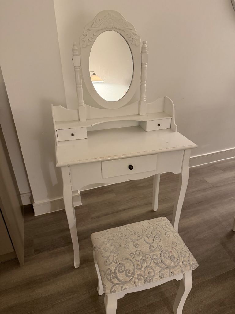White Wooden Vanity / Dressing Table with Mirror & Stool