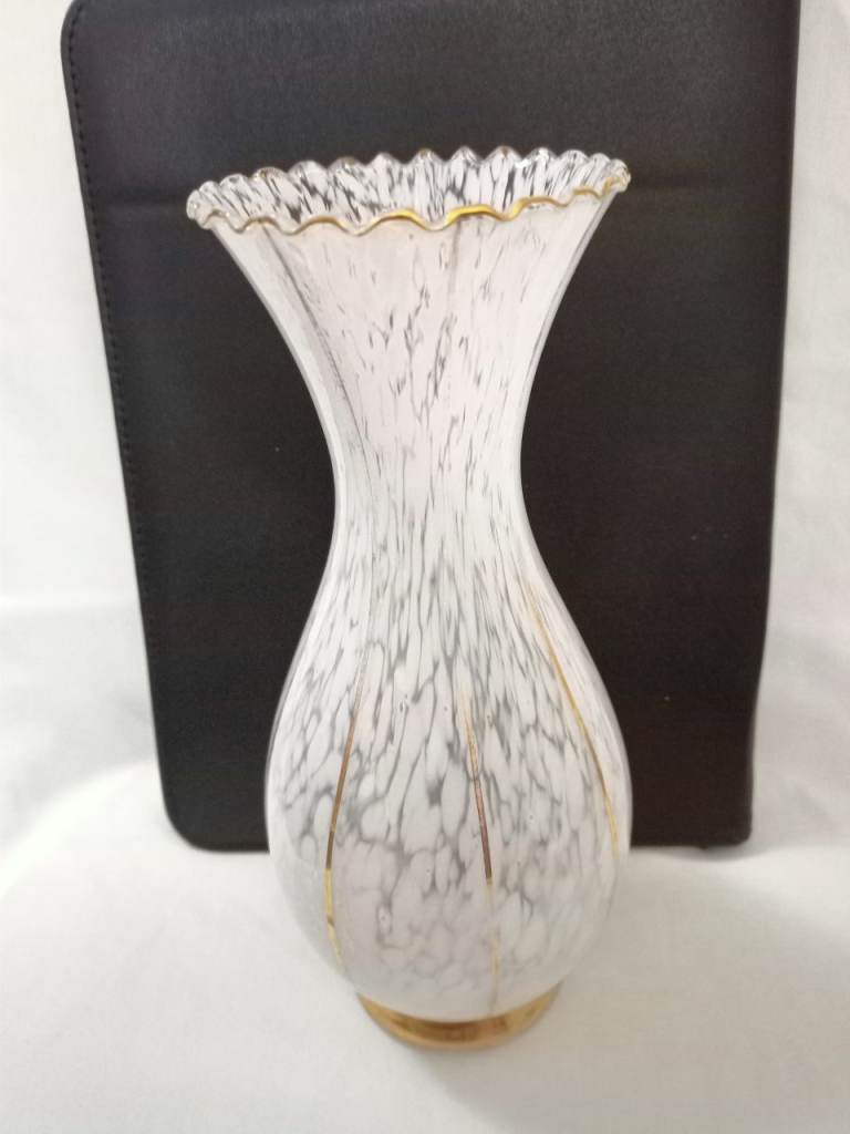 VINTAGE CLICHY-STYLE SPECKLED WHITE GLASS VASE.