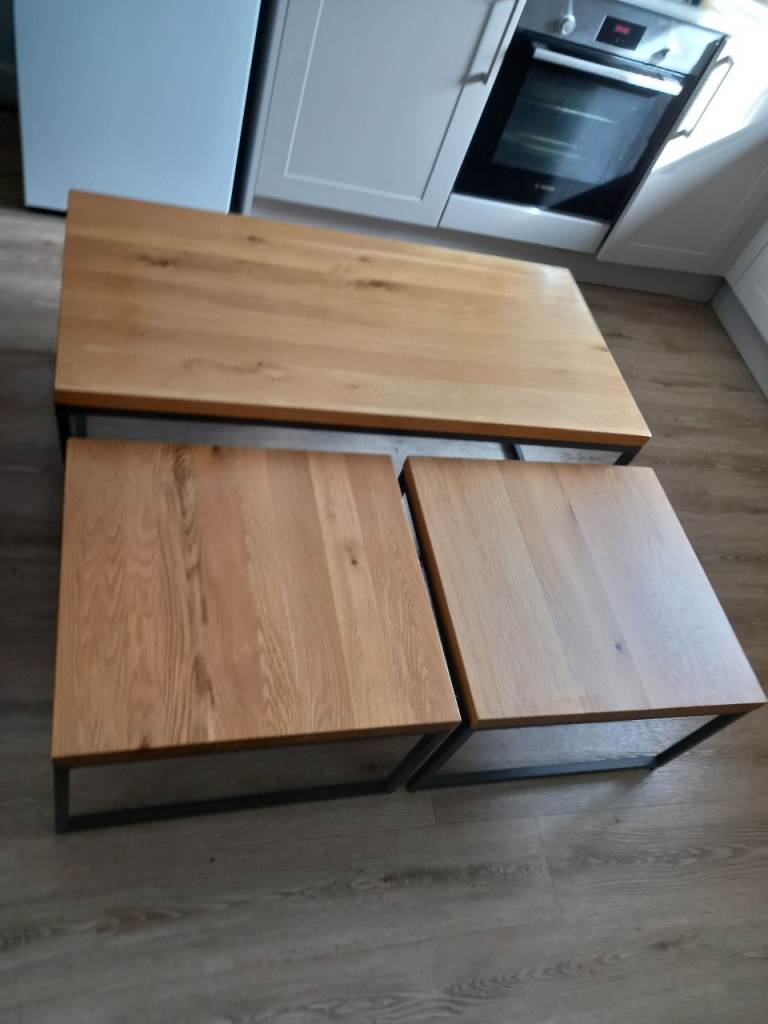 Set of 3 Large Solid Oak ‘Fusion’-Style Low Tables – Matching Metal Frames – Quality Modern Oak