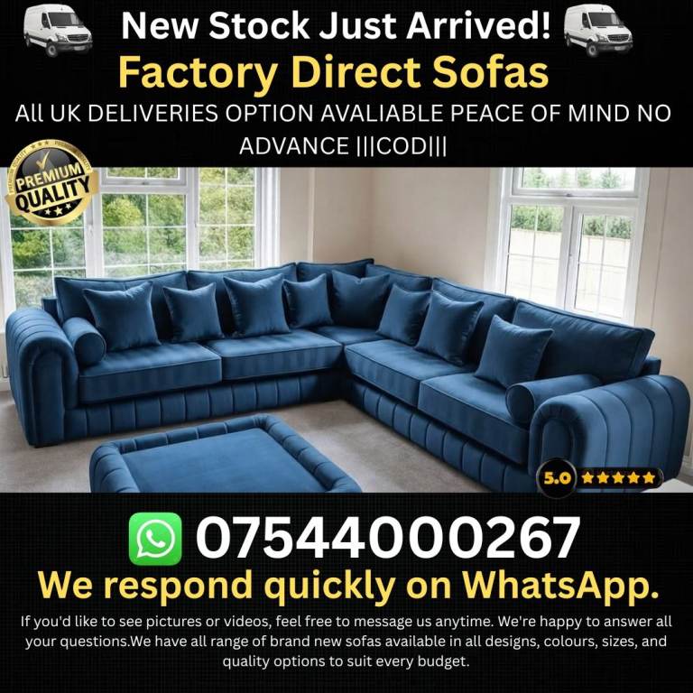 Brand New Blue Velvet Corner Sofa with Cushions 