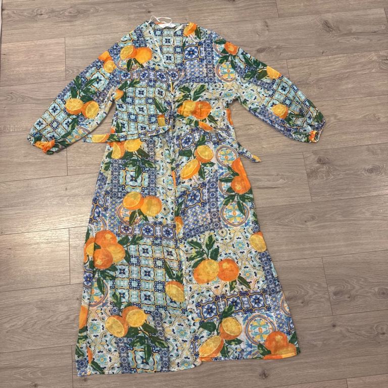 Women Primark Orange lemons on blue long dress with waist tie - S