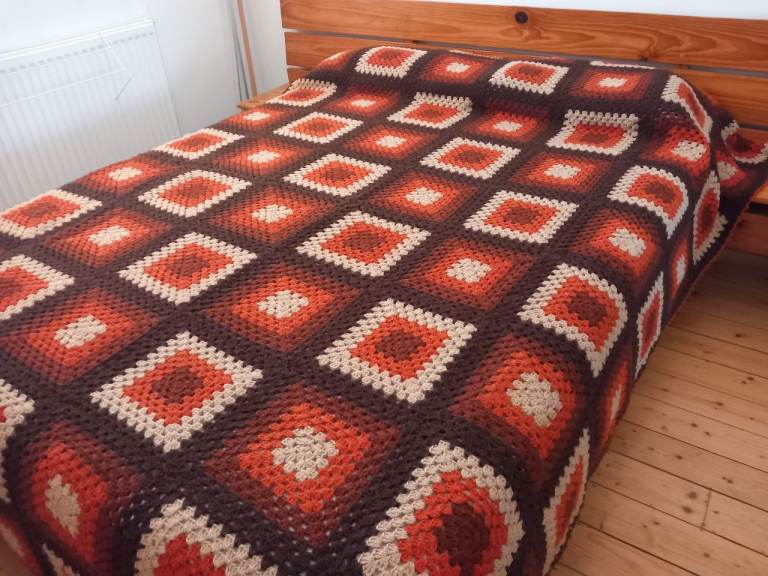 Handmade Crochet Granny Square Blanket / Bedspread – Brown, Orange, Cream