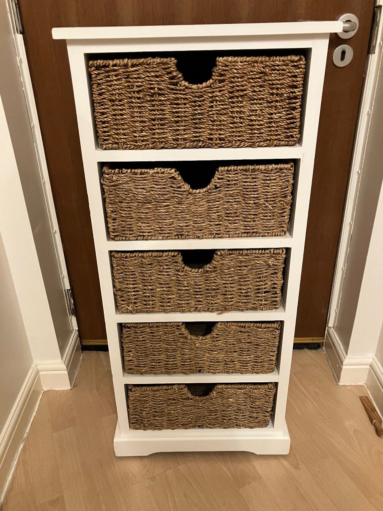 image for White tallboy / chest of drawers with wicker baskets