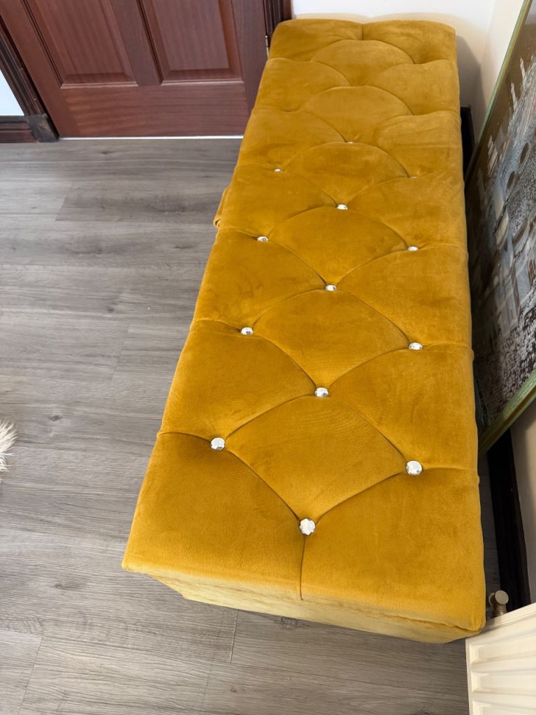 OTTOMAN New Mustard Yellow Velvet Storage Bench with Tufted Buttons
