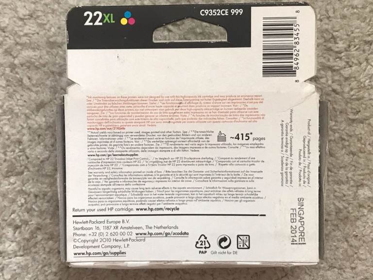 Two HP 22XL Tri-Colour Ink Cartridges C9352CE (never opened) JUST REDUCED
