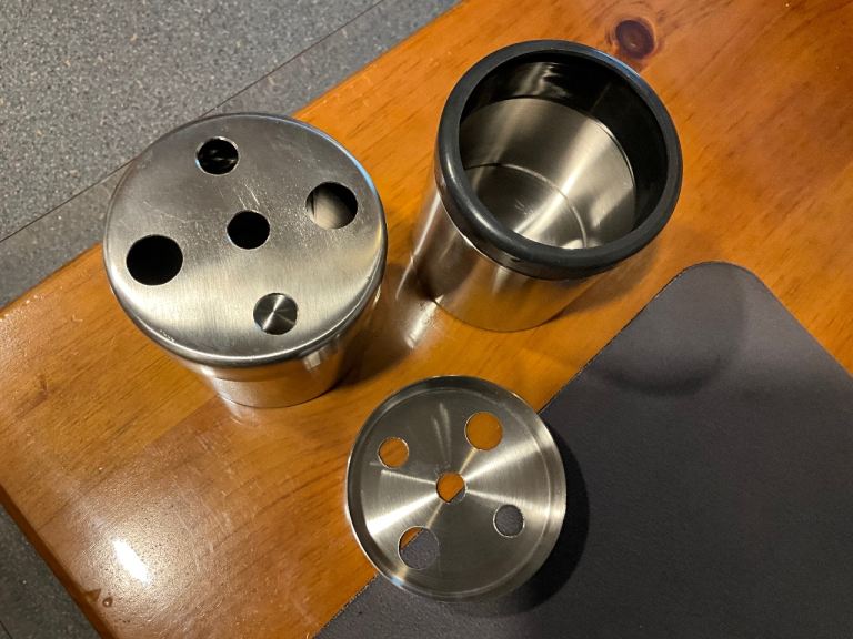 2 x STAINLESS, BESPOKE, toothbrush holders. Holes for electric and manual brushes.