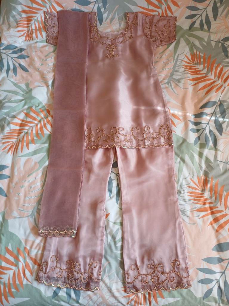 Ladies Indian Sharara Trousers Suit with Short Kameez Top - Dusty Pink (New)
