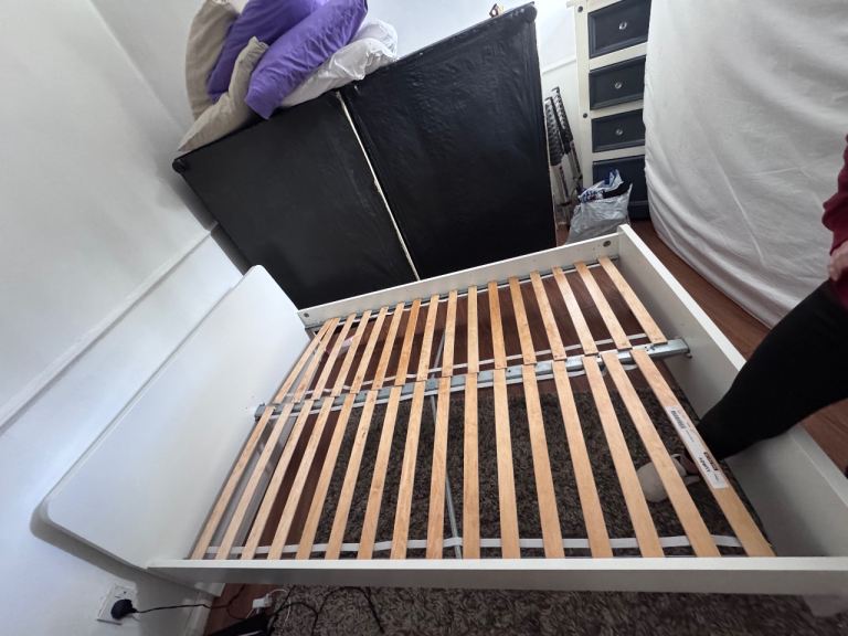 White Double Bed Frame with Wooden Slats – Good Condition