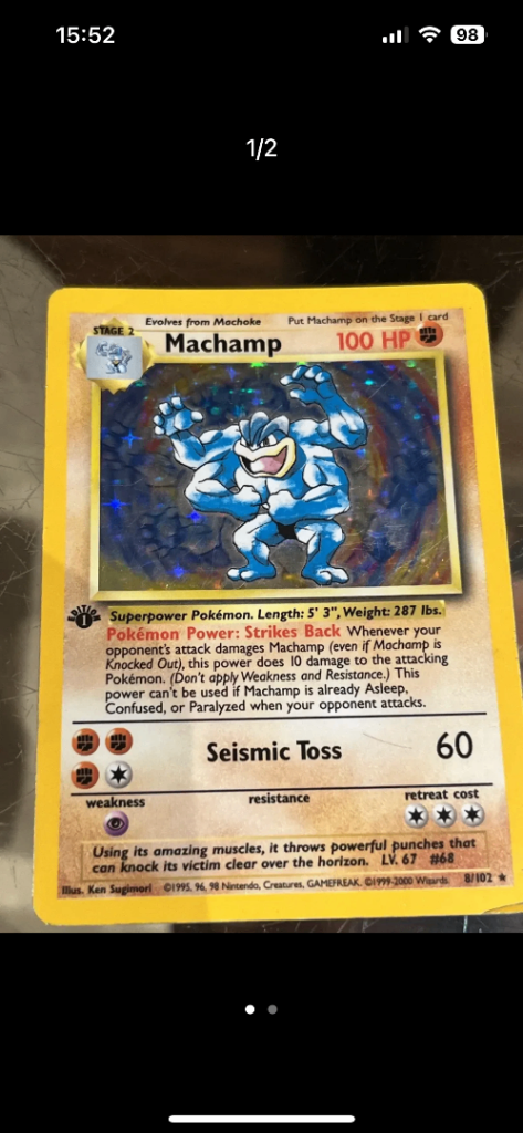 Machamp Holographic Pokémon Card 1st Edition Shadowless Base Set (1999)