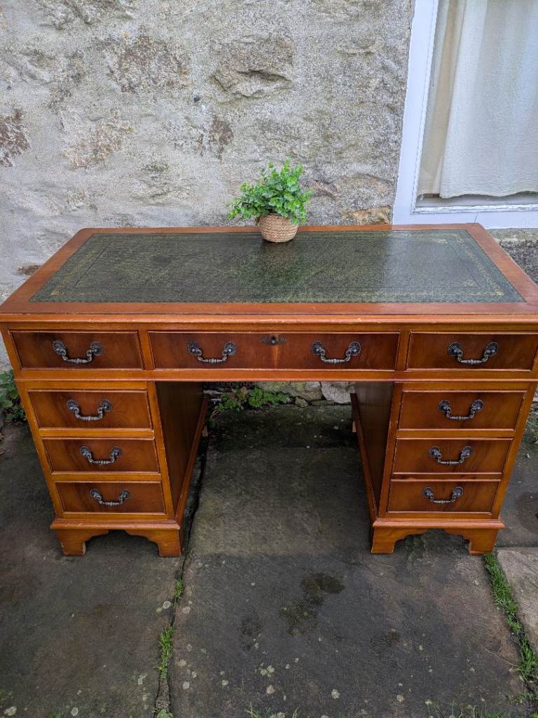 image for Vintage Green Leather Top Captains Pedestal Desk 