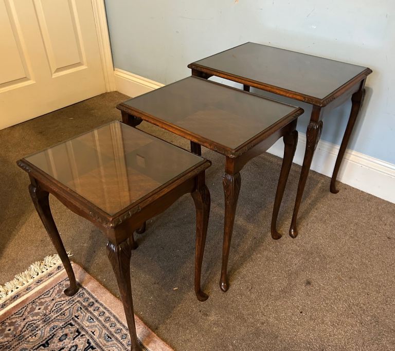 Vintage Wooden Nest of Tables Glass Tops Carved Cabriole Legs  J041