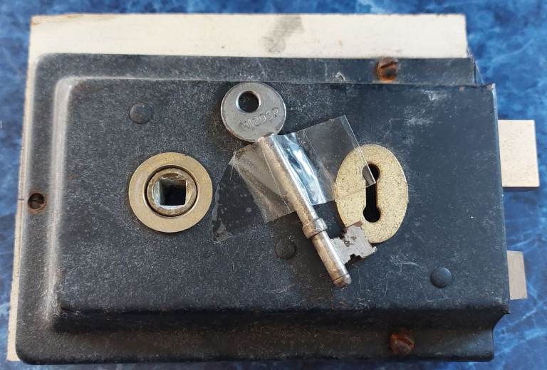 Old Black Door Lock with Key – Good Condition