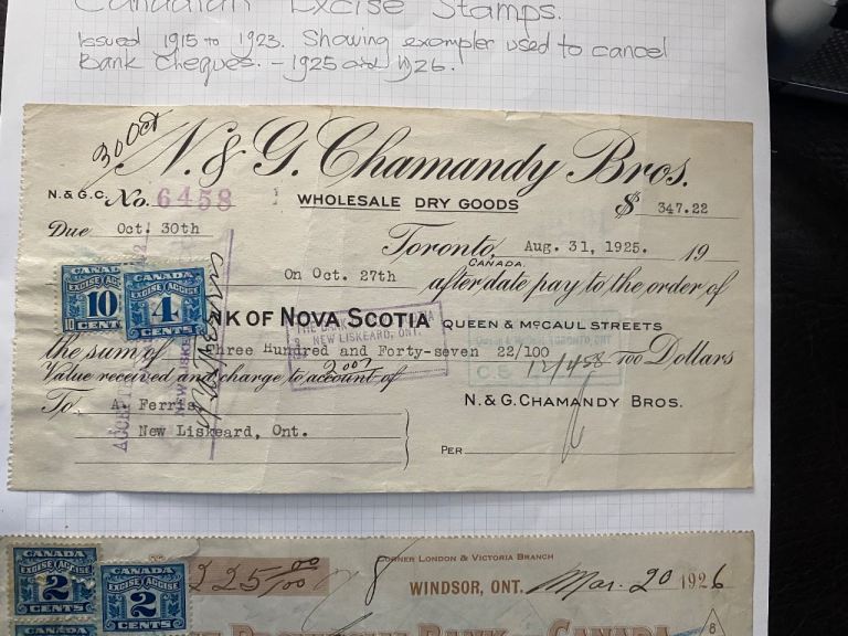 Vintage Canadian Excise Stamps on Cheques 1925-1926