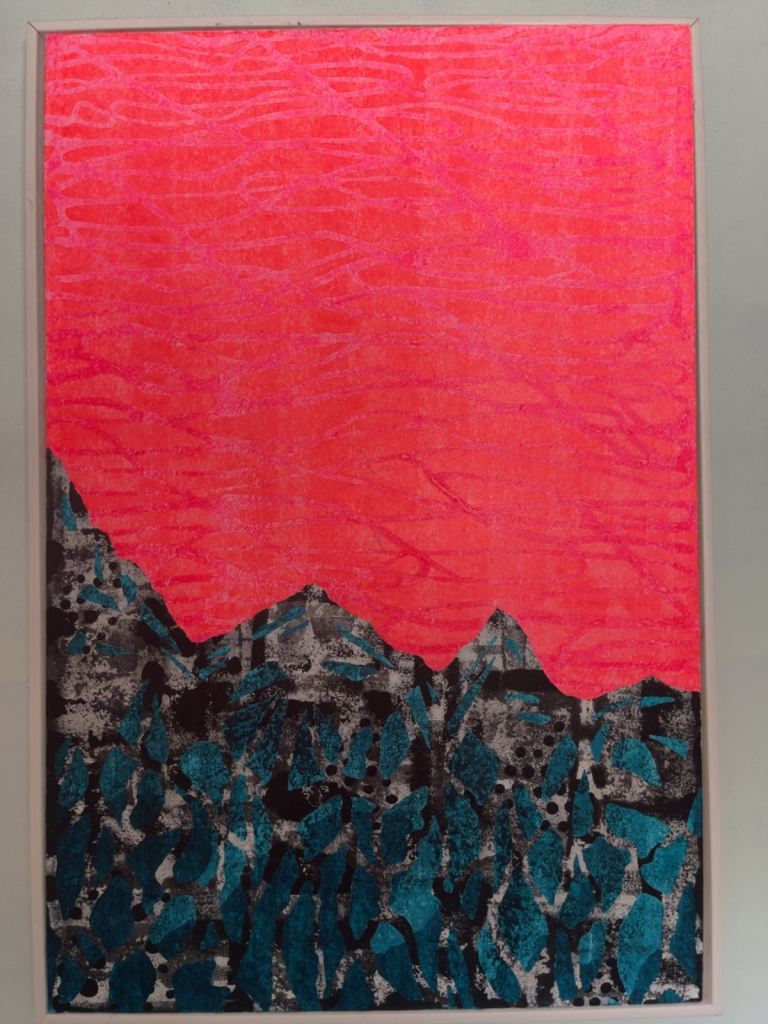 Original Abstract Landscape Painting – Bold pink Sky & Teal Mountains – Framed Art Canvas