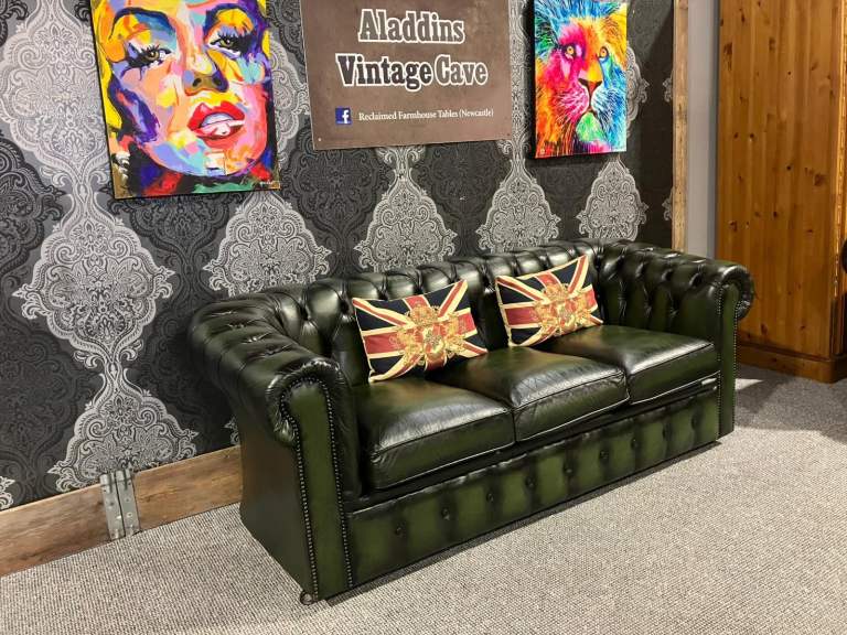 Refurbished Chesterfield 3 Seater Sofa in Antique Green Leather - Delivery