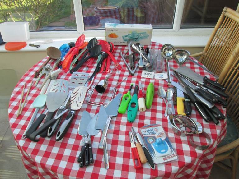 Job Lot Catering Kitchen BBQ Utensils, Serving Spoons, Tongs, Cake Slices, Ladle, Peeler, Tin Opener