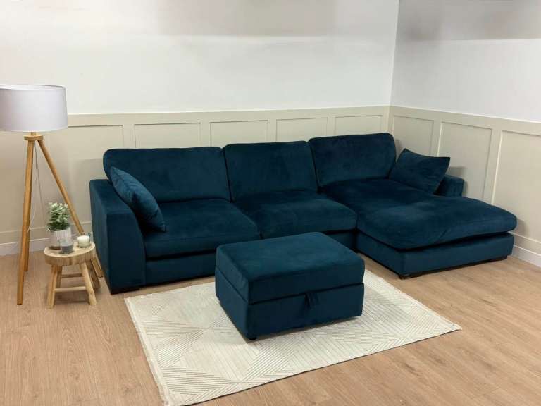  DFS Plush Velvet Corner Sofa with Matching Footstool Real Sofa Available to View RRP: £1699