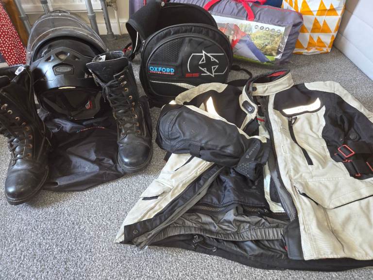 Motorbike jacket, boots, helmet and bag