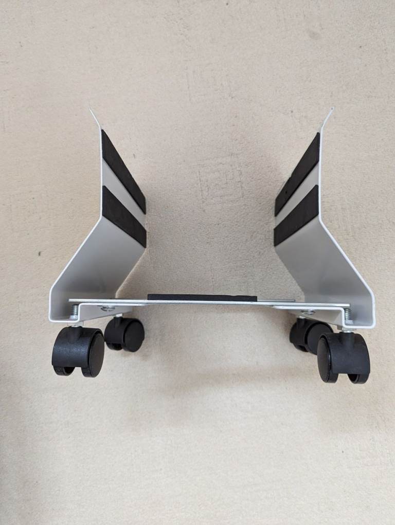 Metal PC holder on locking casters, with adjustments for different-size PC's
