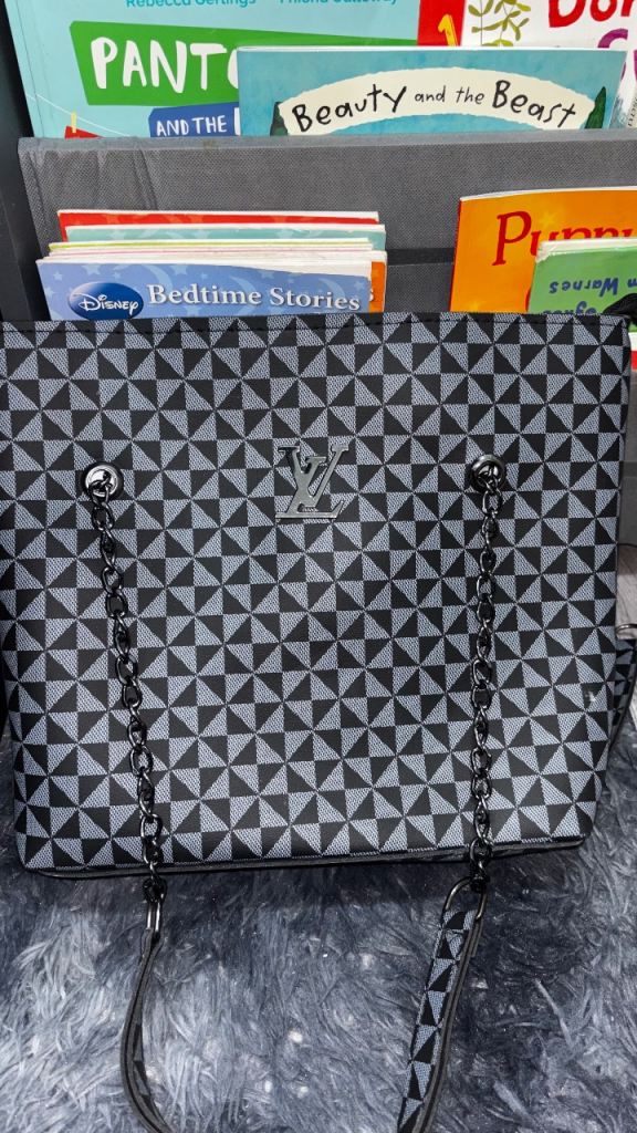 Designer Inspired Louis Vuitton Geometric Damier Tote Bag Black Grey Chain Straps LV Logo