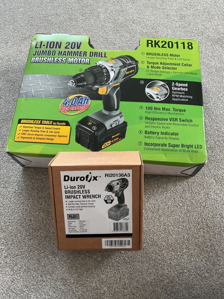 Durofix LI-ION 20V Jumbo Hammer Drill & Brushless Impact Wrench Set - NEW