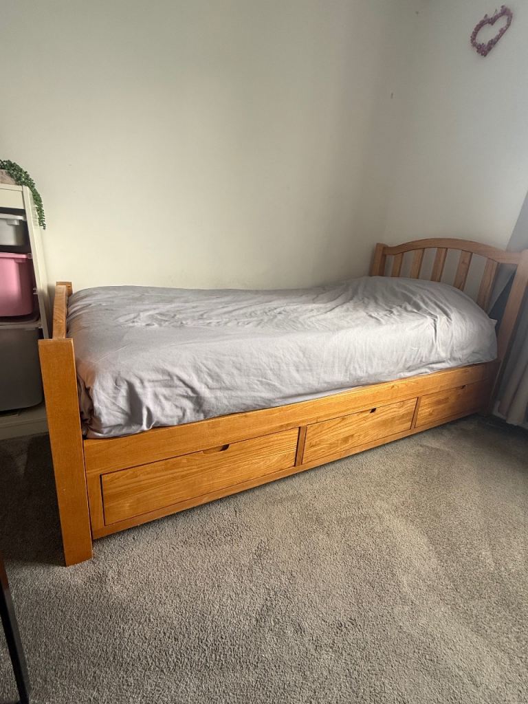 Wooden Single Bed Frame with Under-Bed Storage Drawers