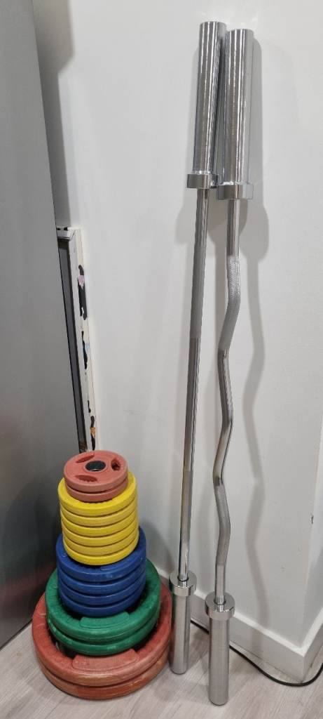 Olympic Barbells with Weights and Resistance Bands – Good Condition