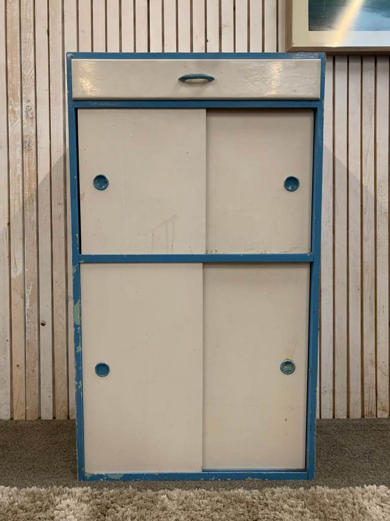 Kitchen Cabinet / Larder. Vintage 1950s in White +Blue Edge (Restoration Work Required)