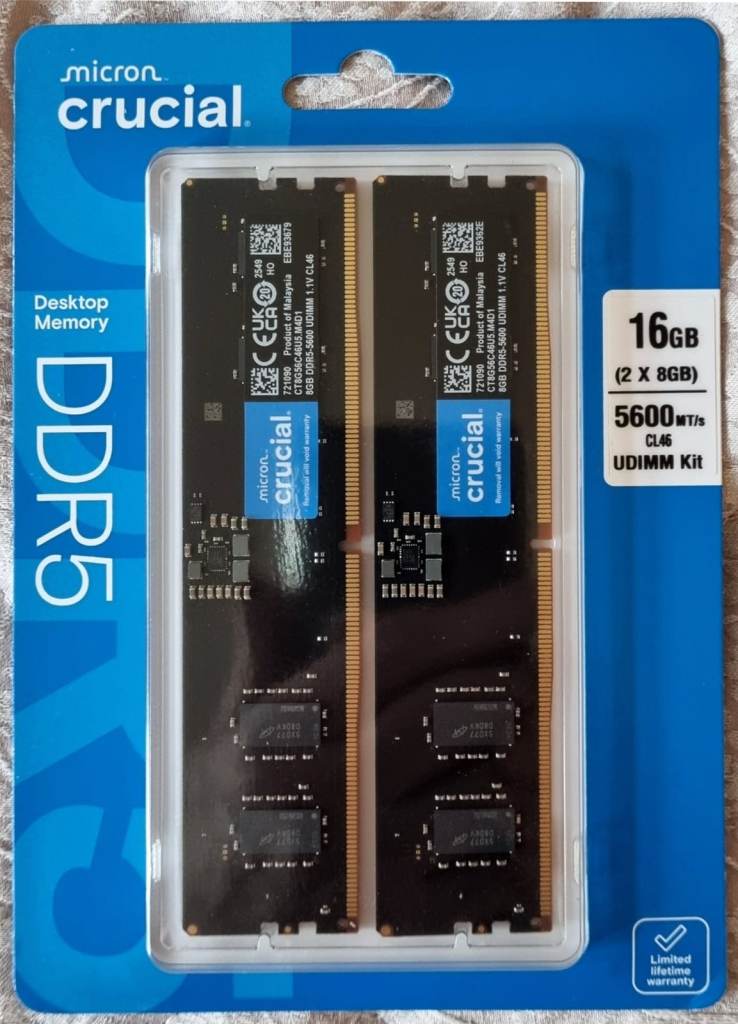 DDR5 Ram 16GB Kit (2x8GB) 5600Mhz Crucial UDIMM Desktop Memory - Brand New Unopened