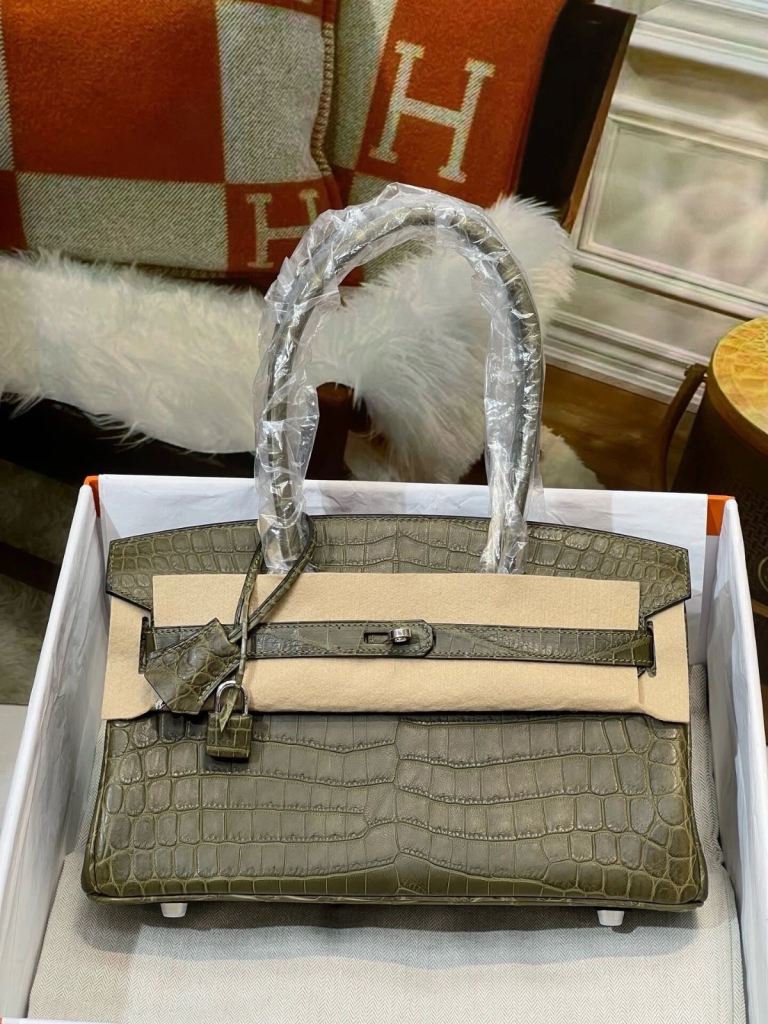 New Olive Green Croc-Embossed Handbag with Hardware