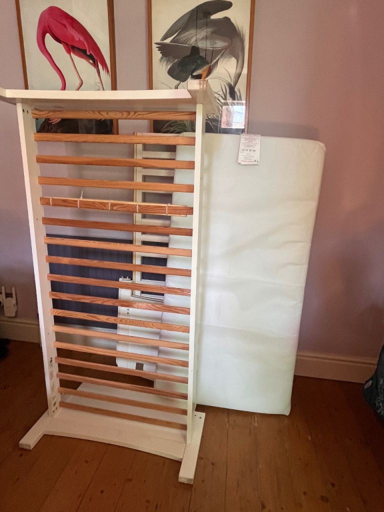 Mothercare Solid Wood White Cot bed / Toddler Bed with Mattress + Bedding