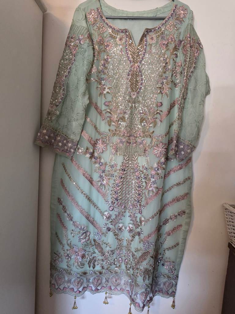 Beautiful Embellished Green/Pink/Purple Asian Suit – Good Condition