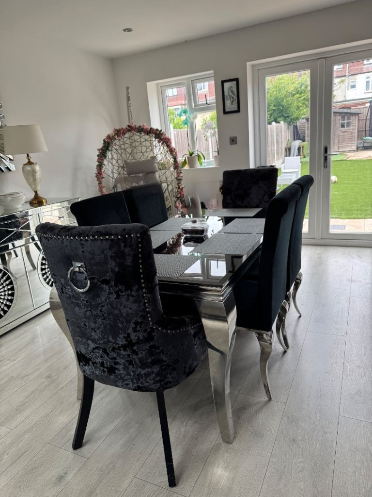 Stylish Black Velvet Dining Table & Six Chairs Set