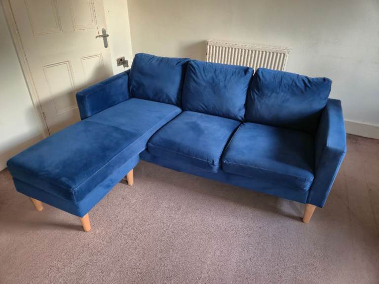 Blue Velvet Corner Sofa With Chaise 175x130cm Wooden Legs Collection Hammersmith