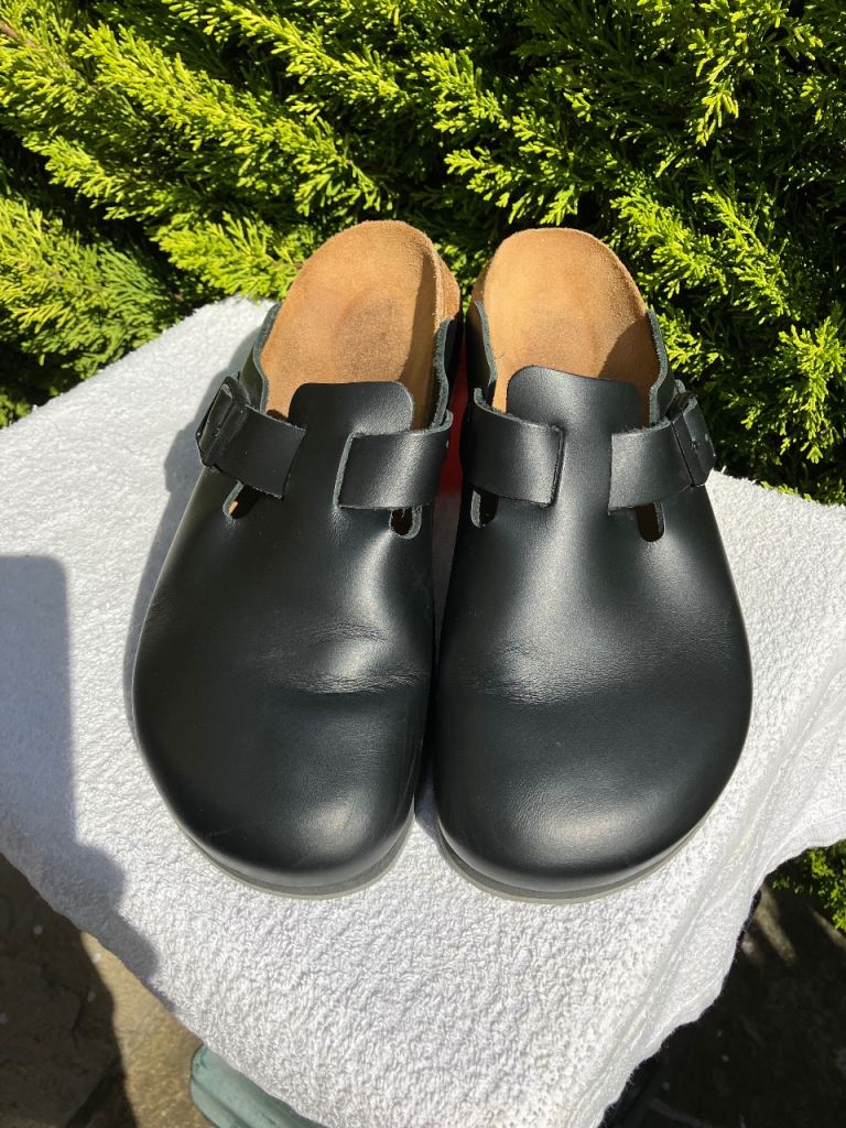 BIRKENSTOCK Boston Clogs Sandals Mules Black leather UK 7.5 EU 41 Footbed 265 cm - Superb Condition