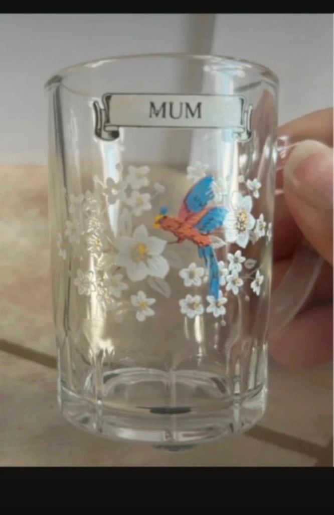 Glass “MUM” Floral Mug with Bird Design