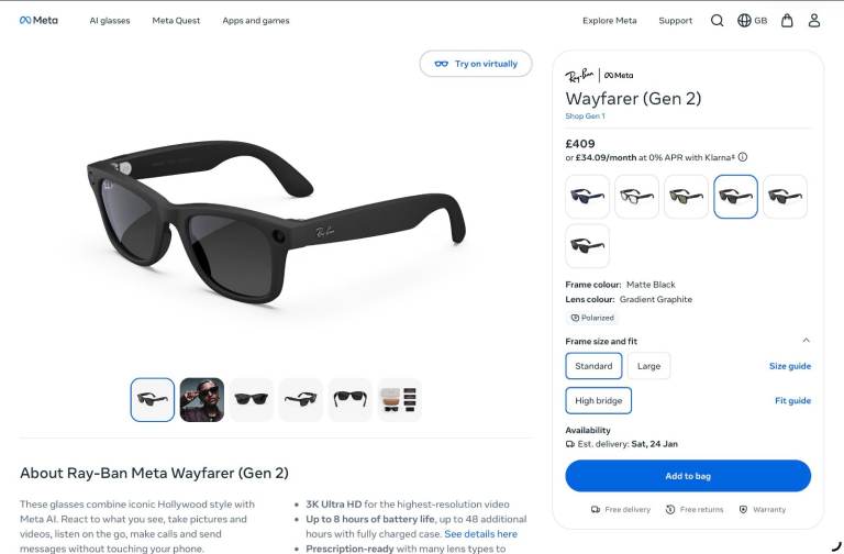 Ray-Ban Meta Wayfarer Gen 2  – Matte Black Frame - Polarised Lenses 