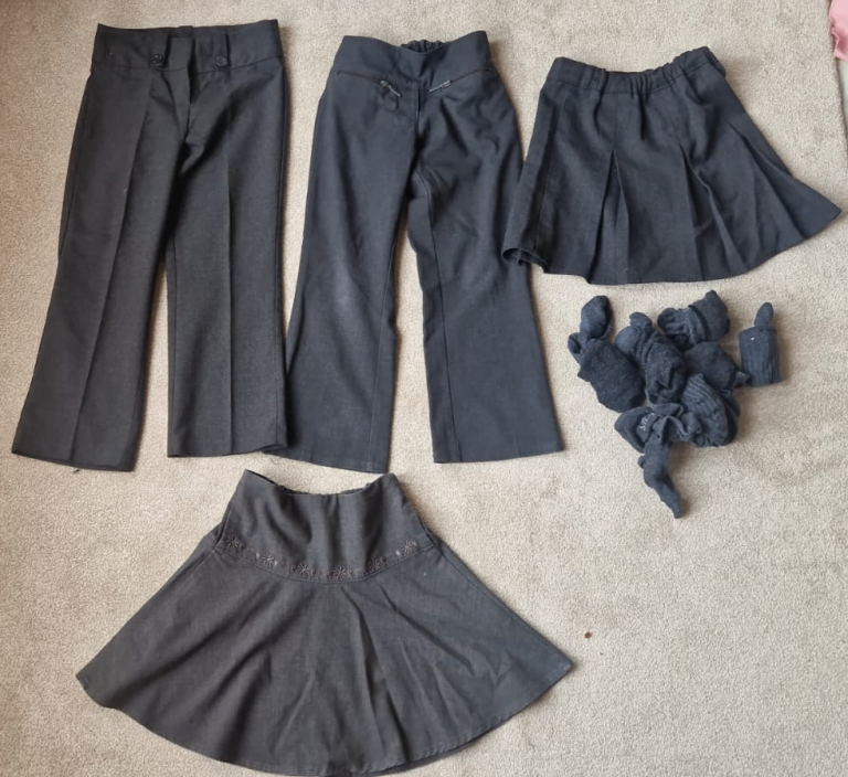 girls grey school uniform bundle trousers, skirts socks age 4-5 years