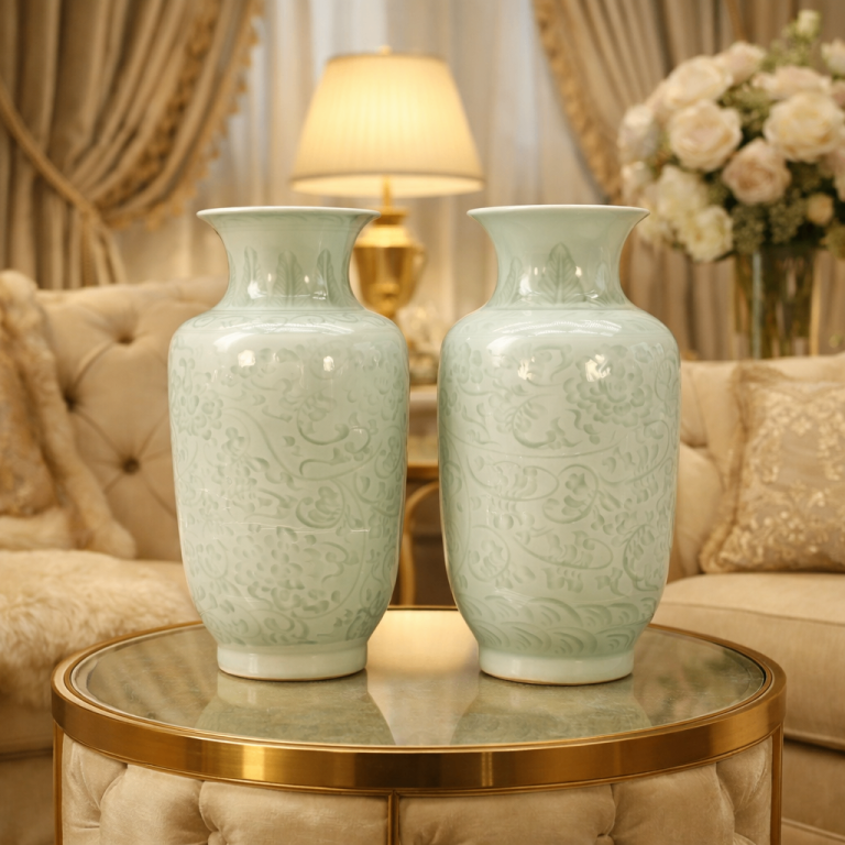 Pair Chinese Meiping Vases Carved Celadon Pale Green Qianlong Mark 20th-century