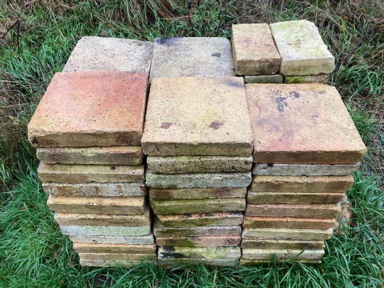 Large reclalmed Victorian buff coloured clay floor tiles. Conservatory/greenhouse/ kitchen/path way
