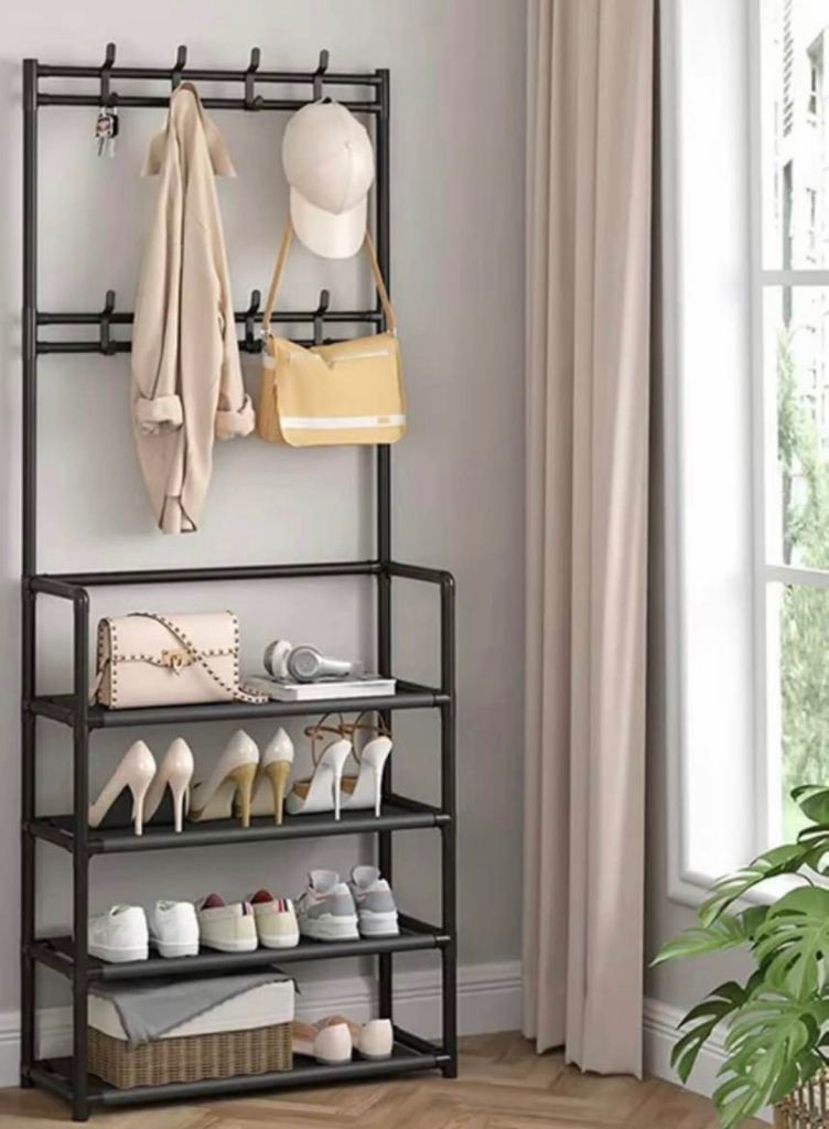 Black Metal Hall Tree with Shoe Rack and Coat Hooks – As New